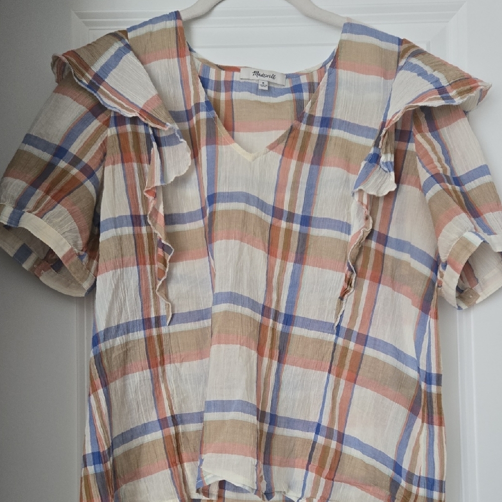 Madewell Plaid Ruffle-Sleeve Top - Cream, Blue, Tan